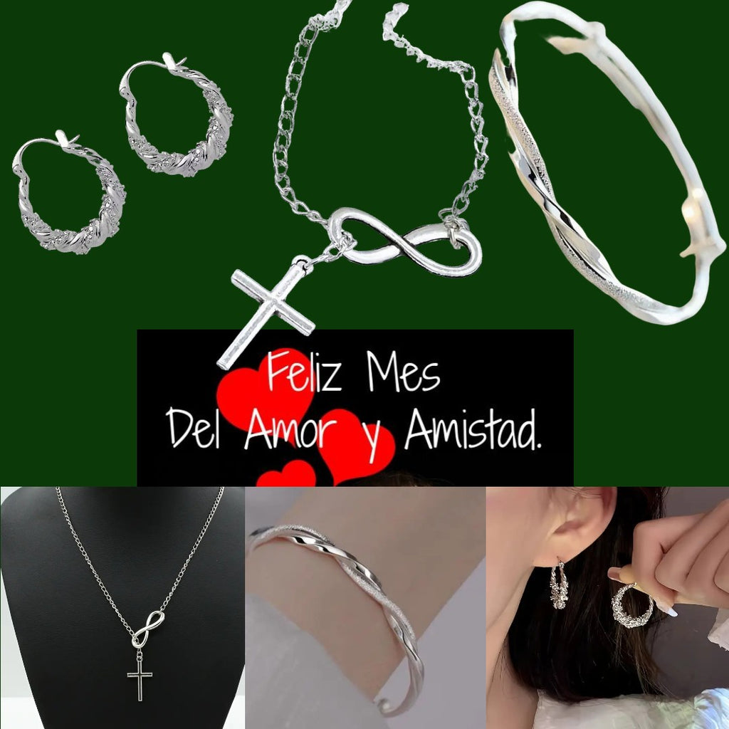 👑SÓLO PARA MI AMADA EN AMOR Y AMISTAD!! ARETES, COLLAR DE CRUZ INFINITA DE LA SUERTE  Y BRAZALETE DOBLE PLATEADOS!👑 ✈️💵PAGA CONTRA ENTREGA Y ENVIO GRATIS!!! 🚛💵