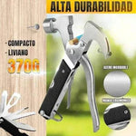 Martillo multifuncional 18 en 1 compacto y resistente con múltiples herramientas diferentes para hogar, camping y bricolaje.